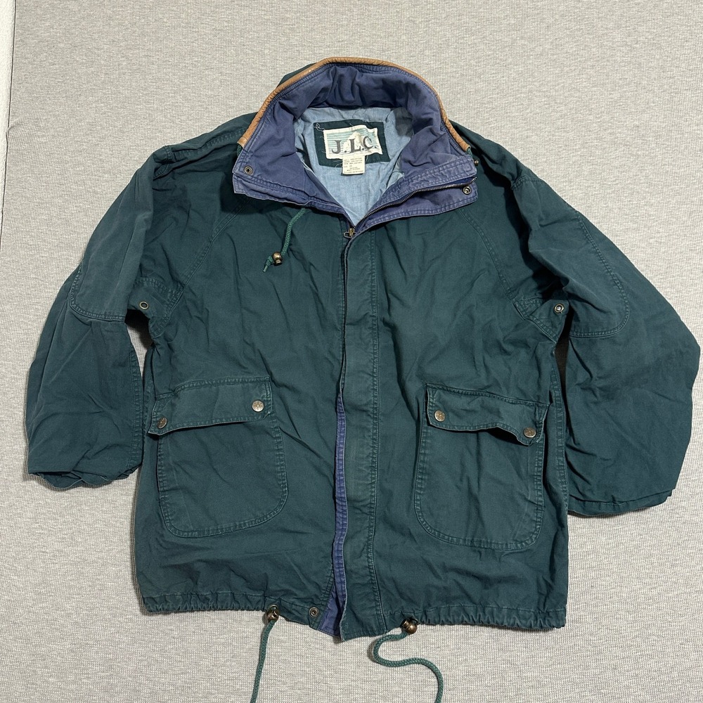 J.L.C. Vintage Field Jacket Leather Trim Utility Coat Green Cotton Mens Size 2X